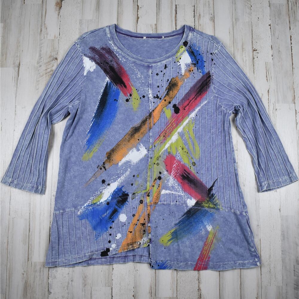 Jess & Jane Abstract Top Women's Small Loose Fit Shirt Blue Artsy Paint Pattern